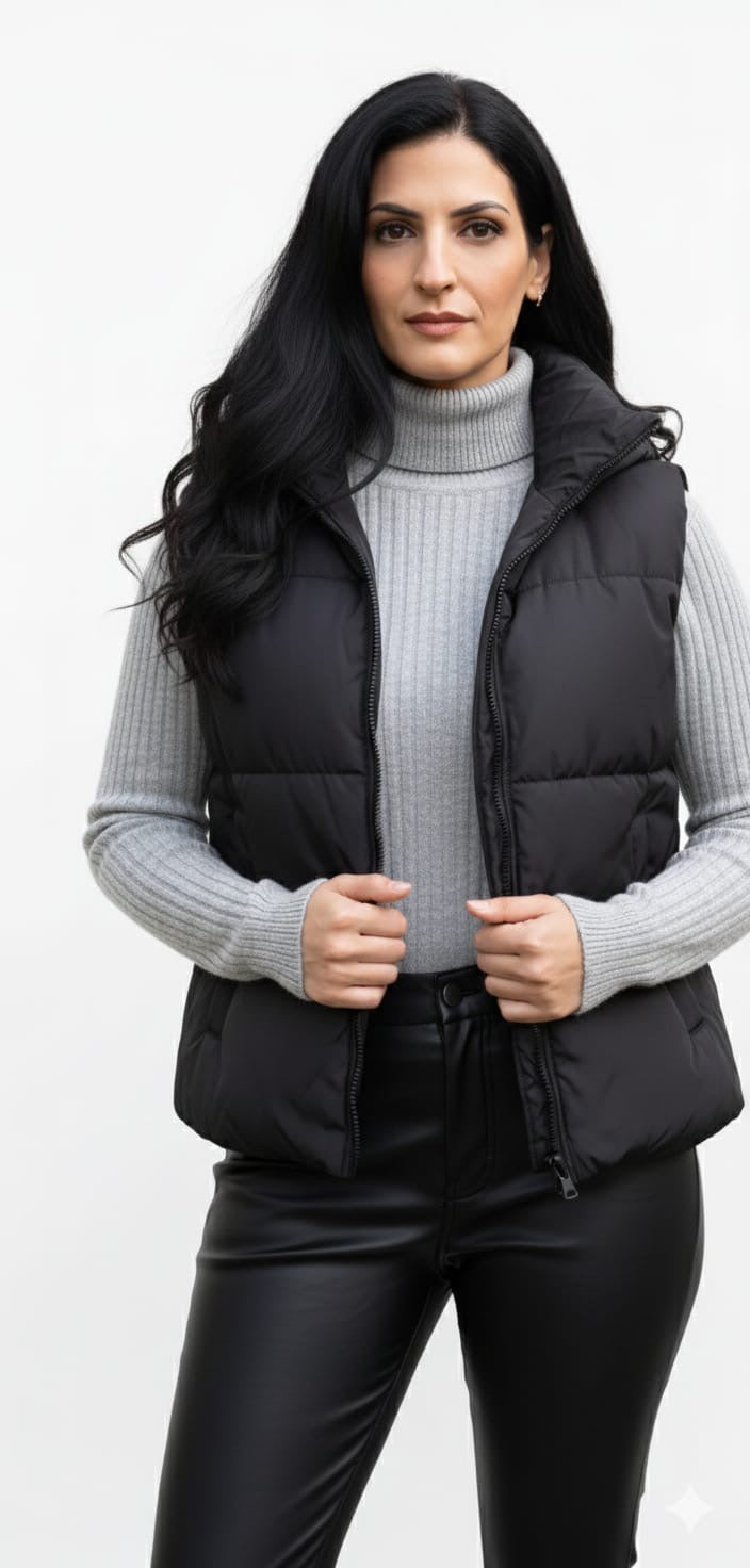 Woman wearing a black puffer vest over a gray sweater on a white background