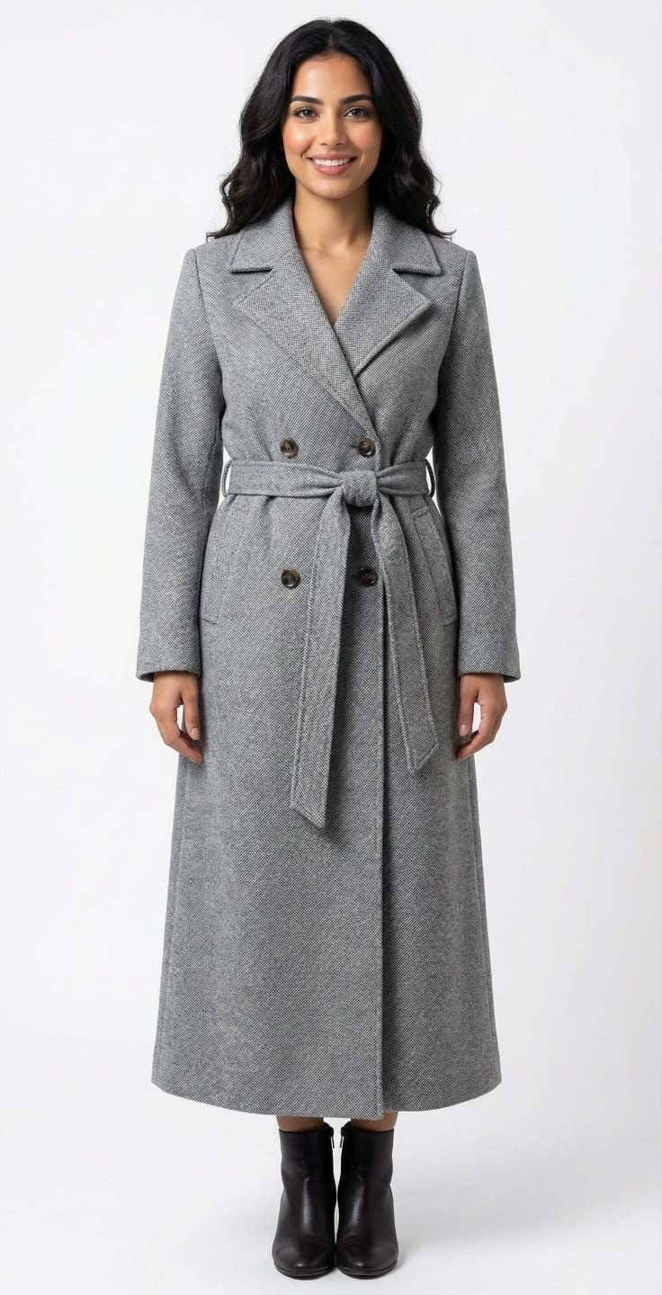 Woman wearing a gray coat on a white background