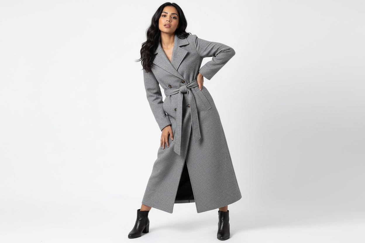 Woman wearing a gray coat on a white background