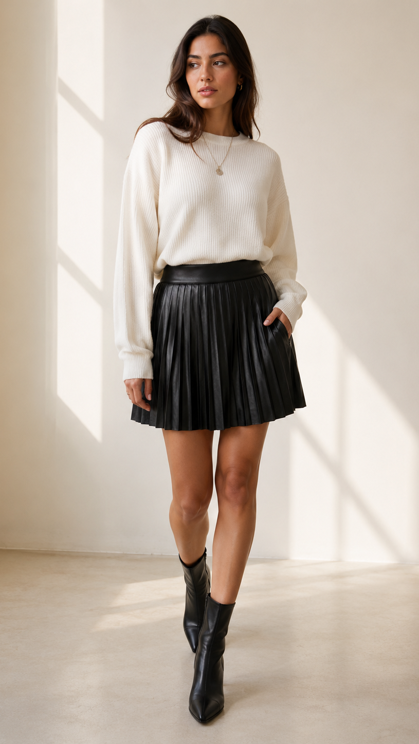 Nina Plissé Leather Short Skirt