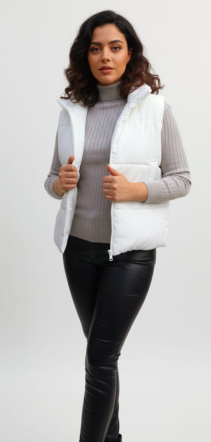 Woman wearing a white puffer vest over a gray sweater on a white background