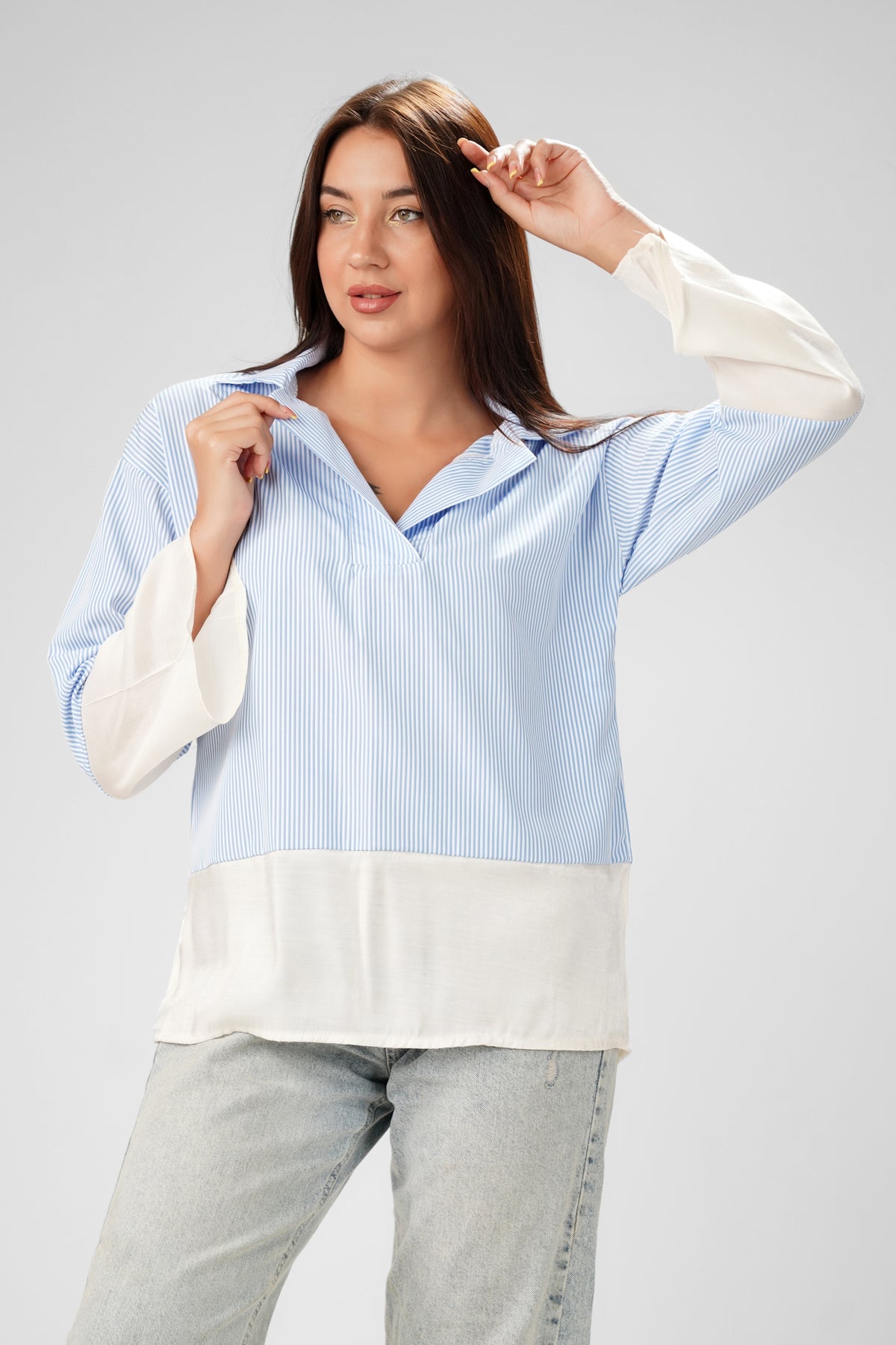 Striped Satin-Trim Tunic Shirt