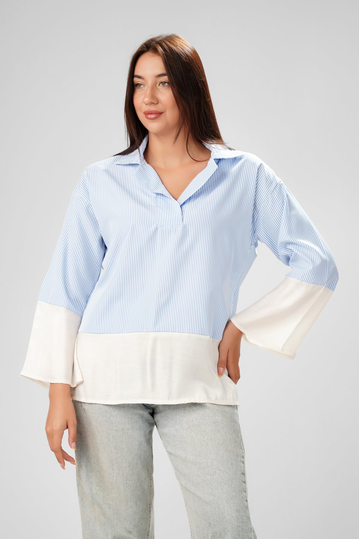 Striped Satin-Trim Tunic Shirt